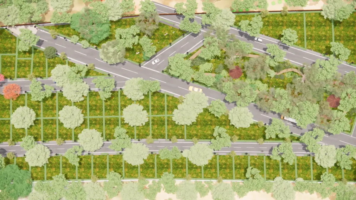 Top-down aerial of Forest Trails: plots edged with hedges along tree-lined roads, the central park to the east