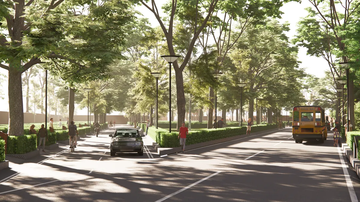 A tree-lined avenue with walkers, cyclists and a school bus