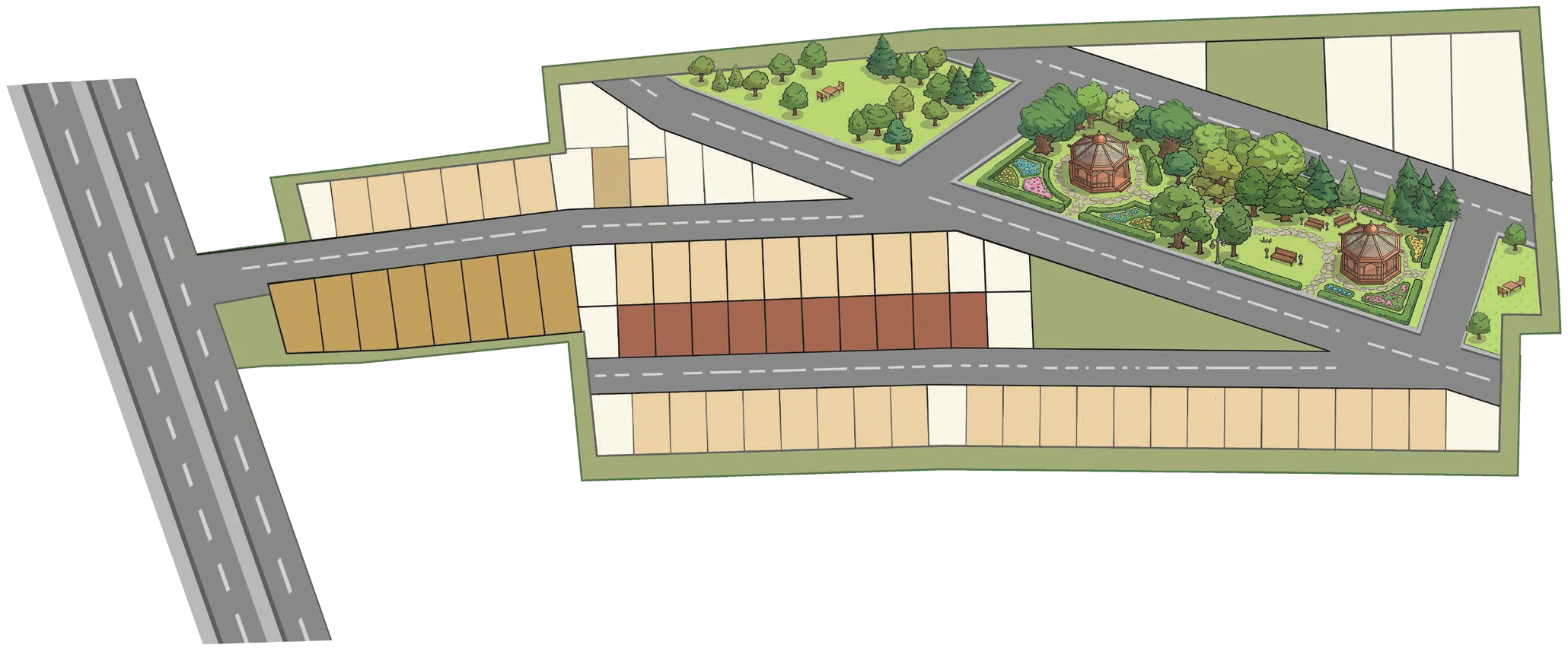Masterplan of Forest Trails: an access road from the main road leads into rows of plots, with a central park and two gazebos to the east