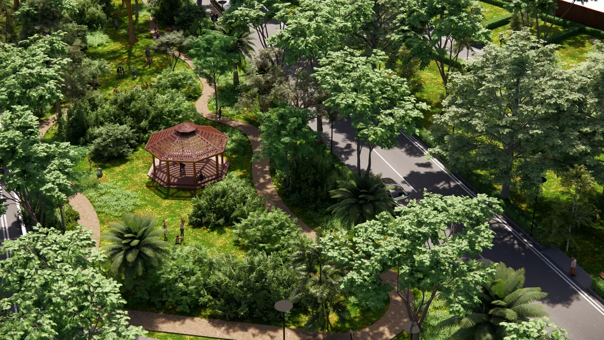 Aerial view of the central park with a gazebo among dense trees
