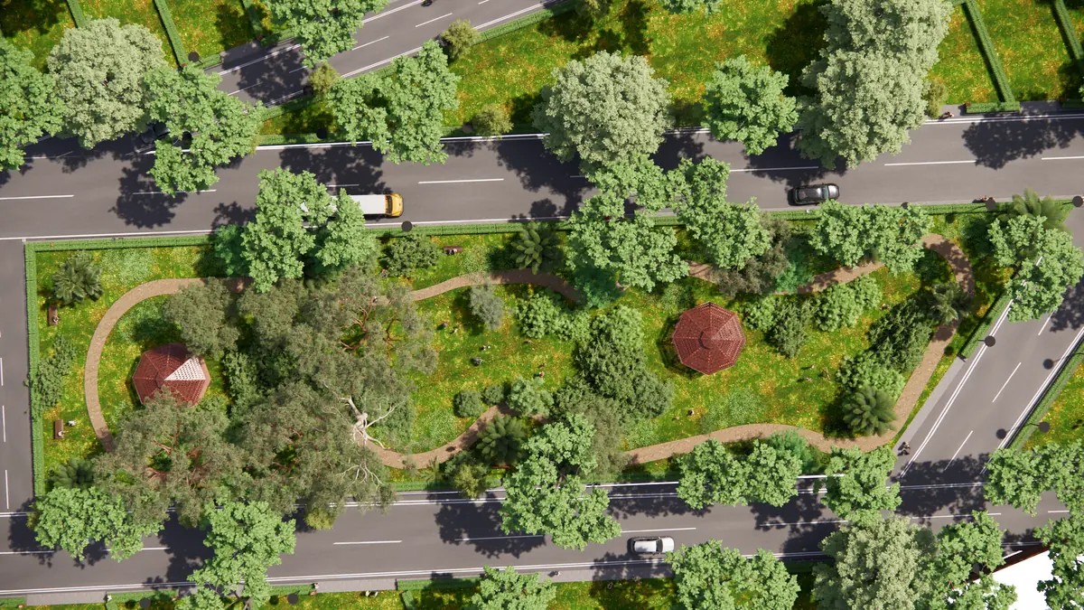 Top-down view of the central park with winding paths and two gazebos