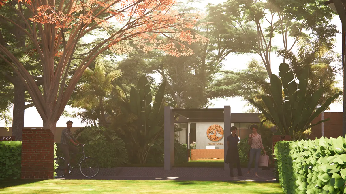 The site office set among palms and tropical planting