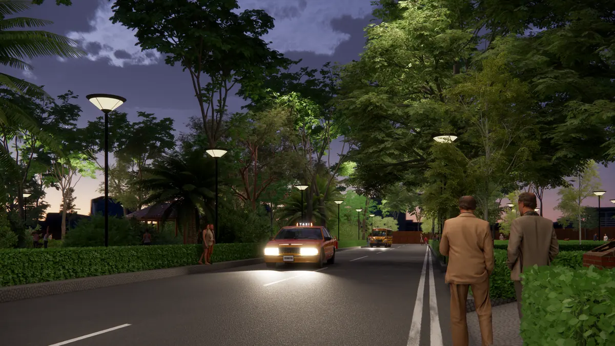 An avenue at dusk with streetlights and residents walking