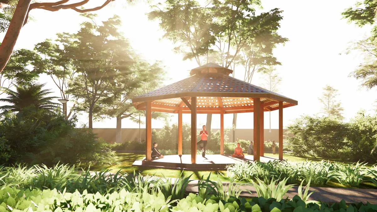 Residents practising yoga in a timber gazebo in morning light